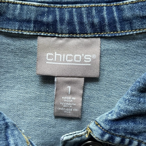 Chico's Cool Weave Denim Jean Jacket Women Sz 1 Medium Boho Artsy Eclectic Retro - Picture 4 of 12